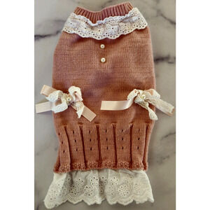 Puppy Dog Sweater Dress XS Pink White Bow Lace Faux Pearl Knitted Eyelet